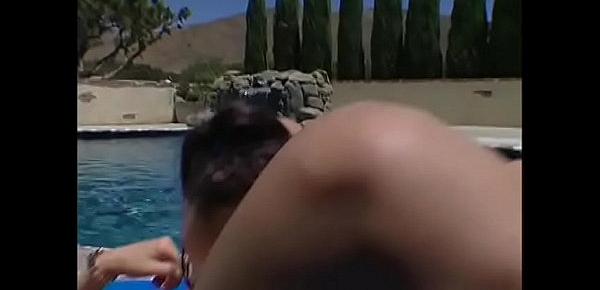  Kianna and Daniella Rush decided to  play with double-sided pink dildo near the pool when handsome guy proposed to polish their holes with his snake